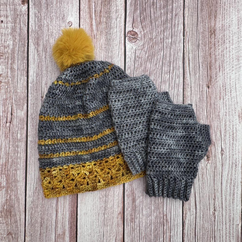 Lace brim grey and mustartd hat with pompom