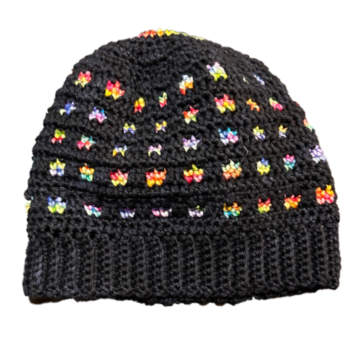 black and multicoloured hat